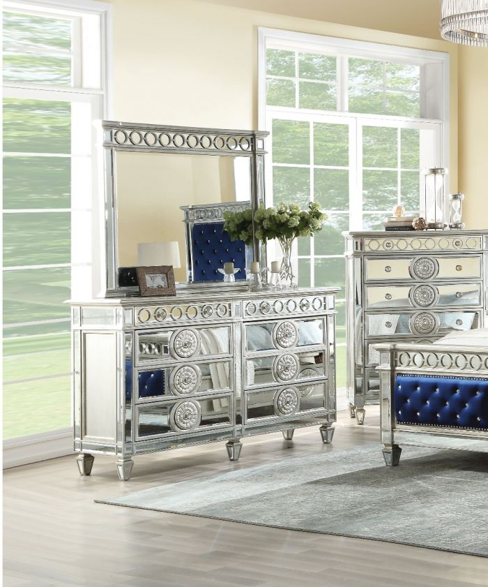 Varian Bedroom Set Mirrored Blue, White And Silver Dresser Nightstand